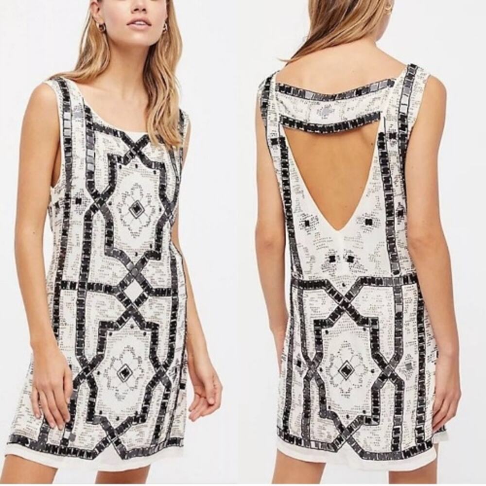 Free People White and Black Beaded Mini Dress